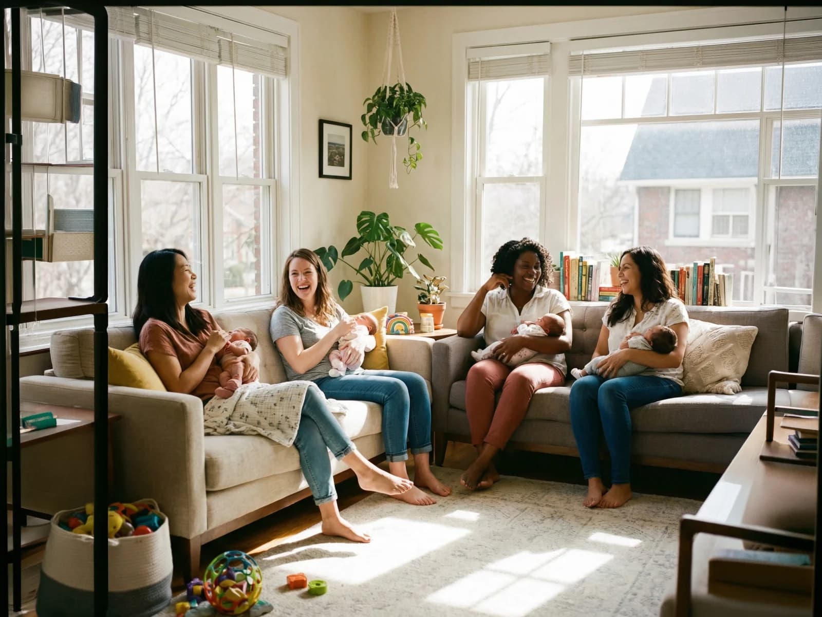 Diverse group of mothers with their newborns, laughing and connecting together