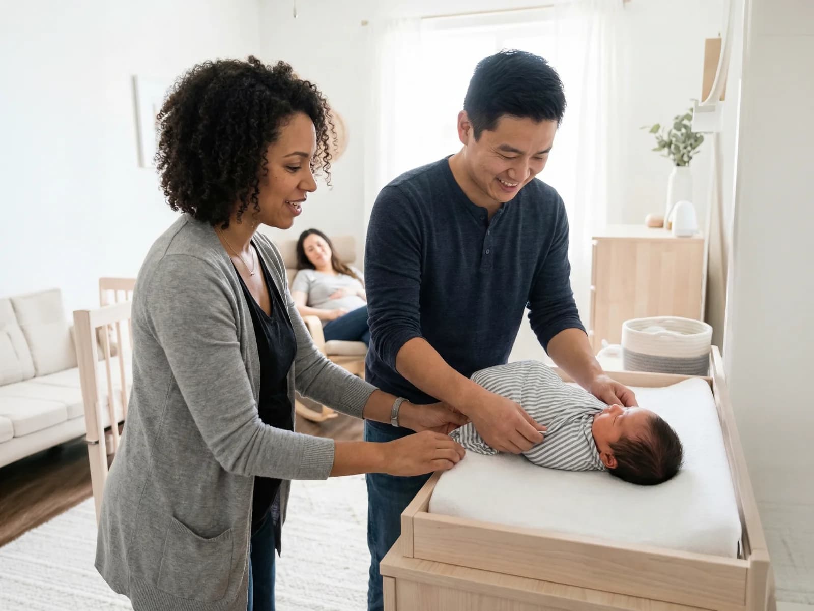 A doula helping a father learn to care for his newborn
