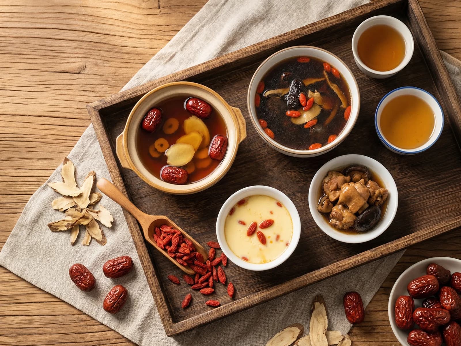 Traditional Chinese postpartum recovery foods — red date ginger tea, herbal soups, goji berries